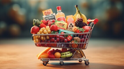 shopping basket full of supermarket groceries background wallpaper ai generated image - obrazy, fototapety, plakaty