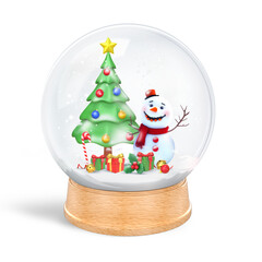 3D Rendering Of Christmas Tree And Snowman Globe Isolated On Transparent Background, PNG File Add