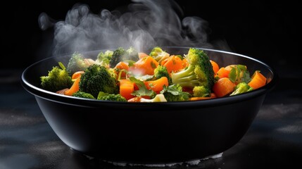 Steam vegetarian vegetables carrots broccoli in bowl background wallpaper ai generated image - obrazy, fototapety, plakaty