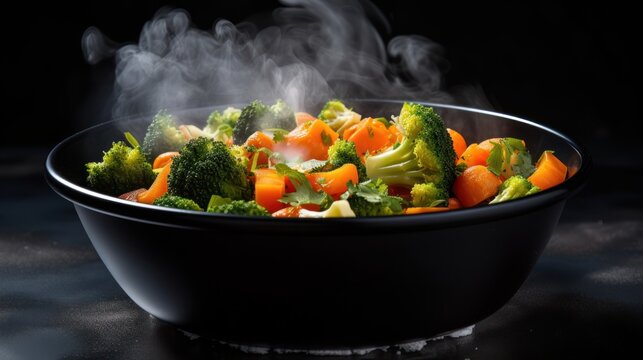 Steam vegetarian vegetables carrots broccoli in bowl background wallpaper ai generated image