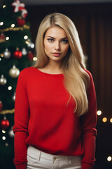 Woman in red sweater standing in front of christmas tree.