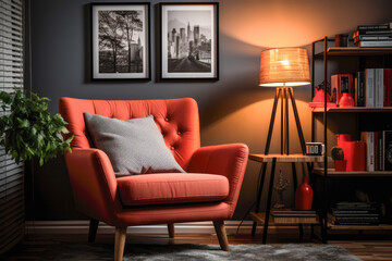 Vibrant colors and captivating stories in a cozy reading nook, where pop art accents, a comfortable chair, and a collection of bold books create an inviting haven for literary adventures. - obrazy, fototapety, plakaty