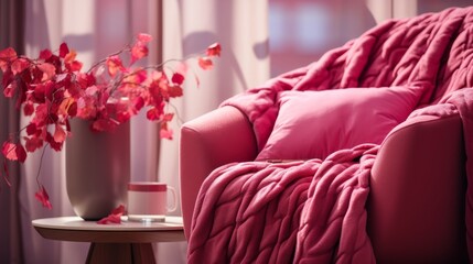 Fragment of a modern cozy living room in pink tones. Branches with pink leaves in a vase standing on a table against the background of a window with a pink curtain. Beautiful light from the window. In