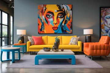 Fototapeten Eclectic energy with pop art living room, where eye catching furniture, statement wall art, and a touch of nostalgia © Microgen