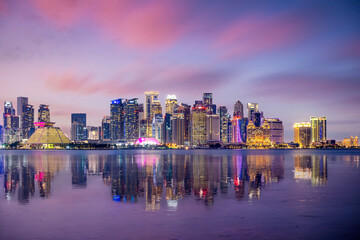 The Panoramic skyline of Doha, Qatar during sunrise