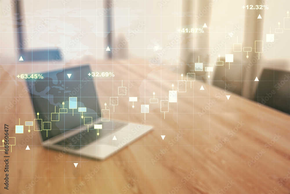Aufkleber multi exposure of abstract financial graph with world map on modern computer background, financial a