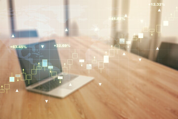 Multi exposure of abstract financial graph with world map on modern computer background, financial and trading concept
