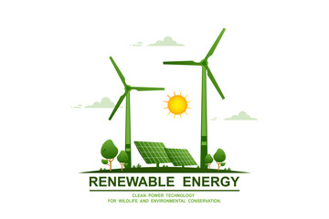 Electric power generation industrial, Windmill farm or Wind turbine and Solar cell panel on white background, Renewable energy sources, Green ecology and eco friendly, Sustainable alternative energy.