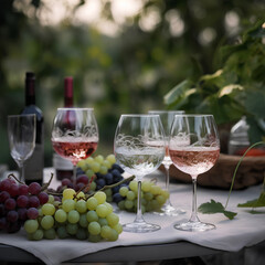 Glasses of wine served outdoors on the table on blurred natural background. Buffet concept