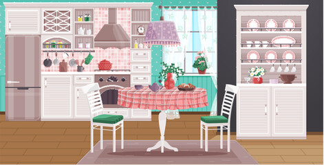 Kitchen vector illustration. Living spaces flourish when kitchen is harmonious blend style and utility Cookware and utensils, well-organized, turn kitchen into culinary masterpiece The kitchen
