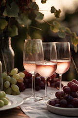Three glasses of wine served outdoors on the table on blurred natural background.