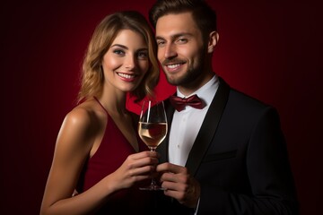 Sophisticated couple in formal attire celebrating with champagne on a festive occasion.
