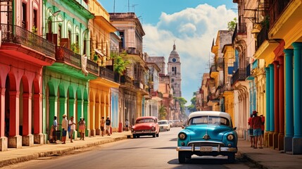 A vibrant street in Havana, Cuba, lined with colorful colonial buildings and vintage cars. - Powered by Adobe