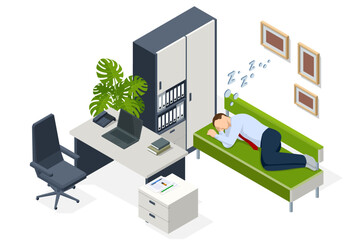 Fototapeta na wymiar Isometric tired overworked employee sleeping in the office. Tiredness and exhaustion concept. Tired businessman sleeping on sofa