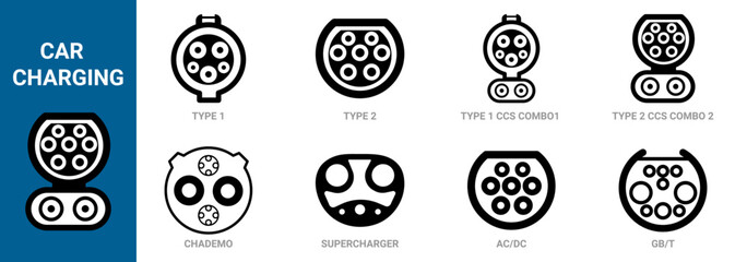 types of electric vehicle plugs. standard charging connector plug and socket. Connectors for electric vehicles - obrazy, fototapety, plakaty