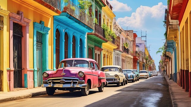 A vibrant street in Havana, Cuba, lined with colorful colonial buildings and vintage cars.