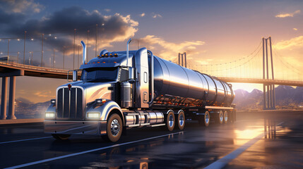 Logistic oil tank semi trailer truck or lorry on hight - obrazy, fototapety, plakaty