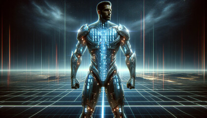 A cyber warrior, depicted in armor made entirely of glowing binary code. The armor is sleek, futuristic, and form-fitting, resembling a high-tech suit