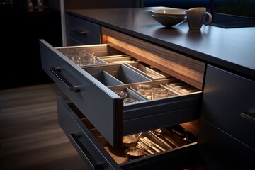Close-up of an open drawer in a modern minimalist kitchen with walnut cabinets and countertops. Utensils on the countertop. Cutlery in trays. A set of cutlery trays in a kitchen drawer. - obrazy, fototapety, plakaty