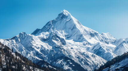 Fototapeta na wymiar Snow-covered mountain against a blue sky. Generative Ai