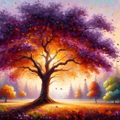 Painting of a tree in a field with purple leaves and orange and yellow leaves.