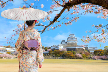 Young Japanese Woman in a Traditional Kimono Dress at Himeji Castle in Hyogo during Full Bloom Cherry Blossom Season - 685608879
