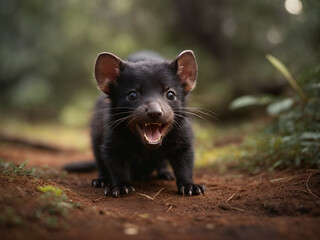 Baby Tasmanian Devil threatening to open its mouth