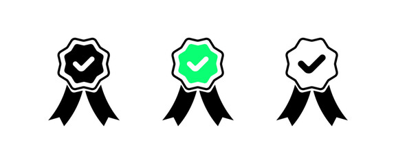 Medals with checkmark icons. Silhouette, a tick inside a medal, a chest medal with a tick. Vector icons