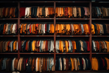 A colorful array of shirts hanging on a store rack. Suitable for fashion retail, clothing store promotions, seasonal sales, and vibrant apparel advertisements. - obrazy, fototapety, plakaty