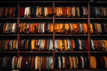 Keuken spatwand met foto A colorful array of shirts hanging on a store rack. Suitable for fashion retail, clothing store promotions, seasonal sales, and vibrant apparel advertisements. © Planetz