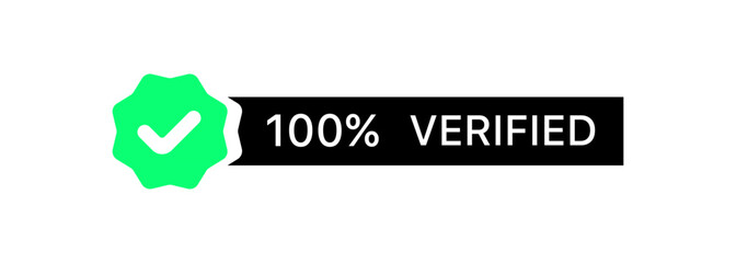 100% verified icon. Silhouette, green checkmark, 100% verified, verification plate. Vector icon