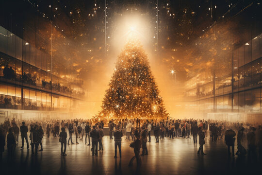 Shopping mall decorated for Christmas time. Crowd of people looking for presents and preparing for the holidays. Abstract blurred defocused image background. Christmas holiday, Xmas shopping