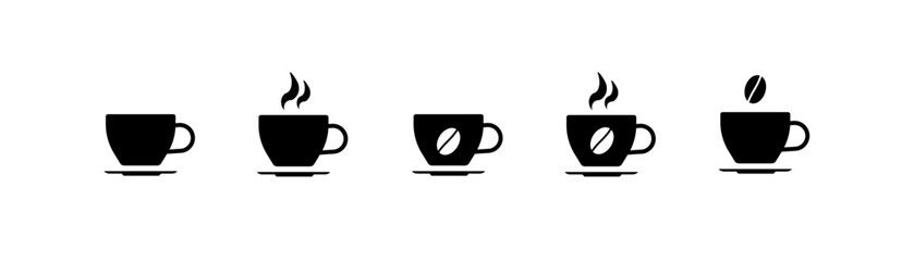 Cups with coffee icons. Silhouette, black, coffee bean icon on a cup, cups of coffee. Vector icons
