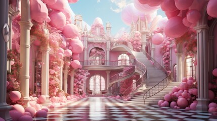 Wonderful fantasy pink castle for fairytale princess. Elegant towers, columns and stairs decorated with giant lollipops, candies and sweets. A fairytale dream castle for all little children.