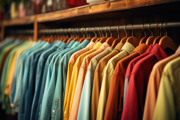 A colorful array of shirts hanging on a store rack. Suitable for fashion retail, clothing store promotions, seasonal sales, and vibrant apparel advertisements. - obrazy, fototapety, plakaty