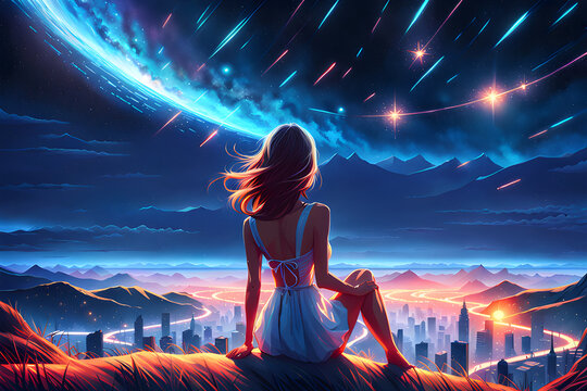 The Back Of A Girl Looking At The Twinkling Night Sky As A Shooting Star Falls. Generative AI