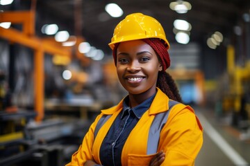 Young cheerful African American female engineer, technician or factory worker. A confident black woman in a protective helmet and vest stands in a workshop against the background of machines. - obrazy, fototapety, plakaty