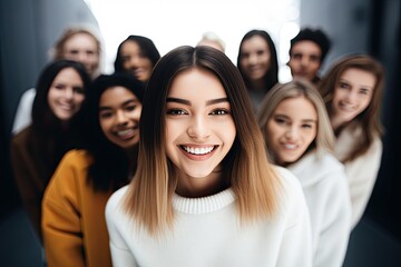 A girl with Cheerful group of friends taking selfies outdoors, capturing happy moments of togetherness and friendship in the city.