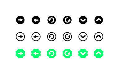 Arrow icons. Different styles, right arrow, left arrow, circle, down, up arrow icons. Vector icons