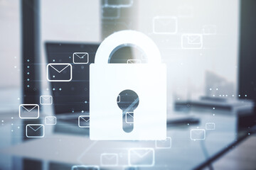 Creative light lock illustration with postal envelopes on modern computer background, cyber security and email protection concept. Multiexposure