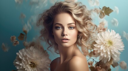 Portrait of young beautiful platinum blonde girl with stylish make-up, prom hairdo and flowers - obrazy, fototapety, plakaty