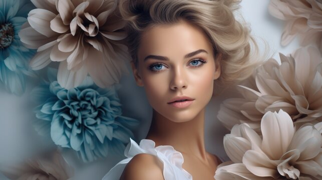 Portrait of young beautiful platinum blonde girl with stylish make-up, prom hairdo and flowers