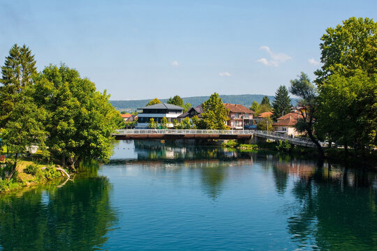 Smaragdni Most bridge crossing the River Una as it passes through central Bihac in Una-Sana Canton, Federation of Bosnia and Herzegovina