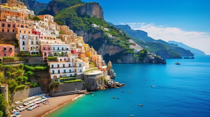 The dramatic cliffs and turquoise waters of the Amalfi Coast in Italy, with a view of the...