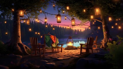 Fototapeta na wymiar A campsite at twilight cartoon illustration - Generative AI.