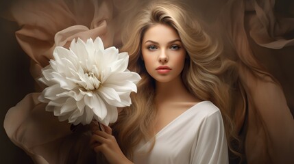 Obraz na płótnie Canvas Portrait of young beautiful platinum blonde girl with stylish make-up, prom hairdo and flowers