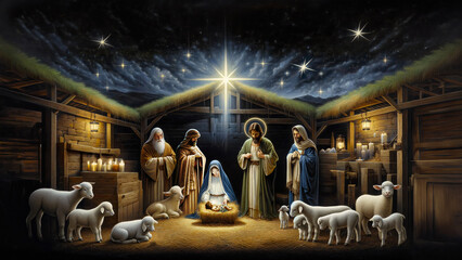 Oil painting representing the holy family. Nativity scene in Bethlehem. Christmas scene illustration showing holy family with Joseph Mary baby Jesus - shepherds and sheep. Starry sky  © melita