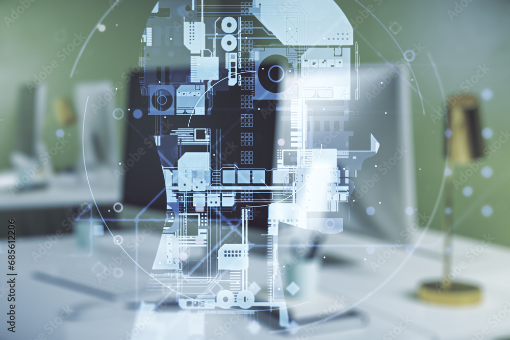 Aufkleber Double exposure of creative artificial Intelligence symbol with modern laptop on background. Neural networks and machine learning concept