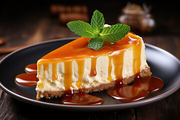 piece of Cheesecake with caramel sauce on wooden background. 