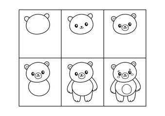 Bear. Step by step drawing. Coloring page, coloring book page. Black and white vector illustration.